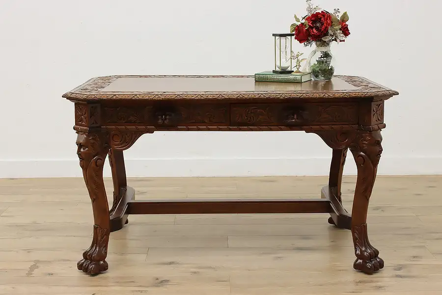 Main image of Mahogany Antique Partner Desk Library Table Carved Paw Feet