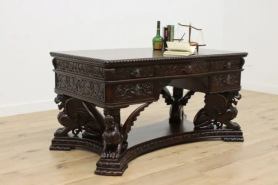 Main image of Renaissance Antique Mahogany Partner Desk, Carved Griffins