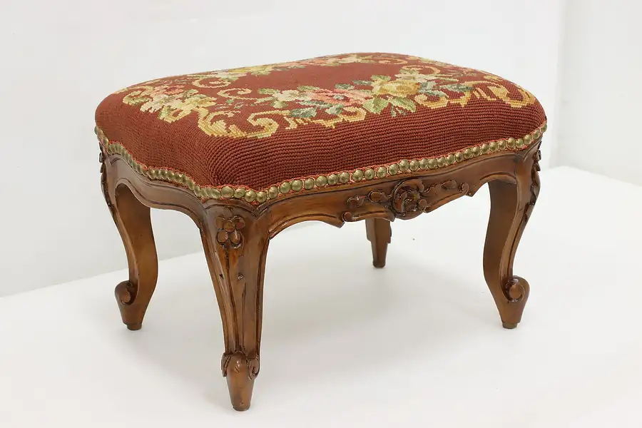 Main image of French Antique Carved Walnut & Needlepoint Footstool