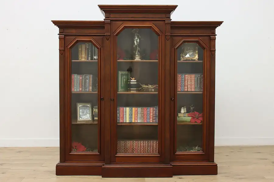 Main image of Victorian Antique Walnut Wavy Glass Triple Bookcase Display