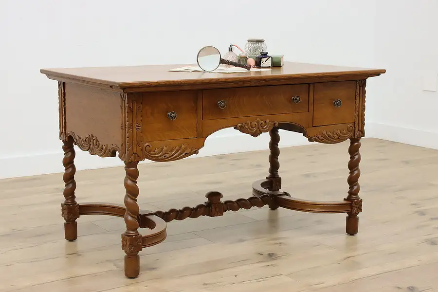 Main image of Victorian Antique Carved Oak Office Library Desk, Twist Legs