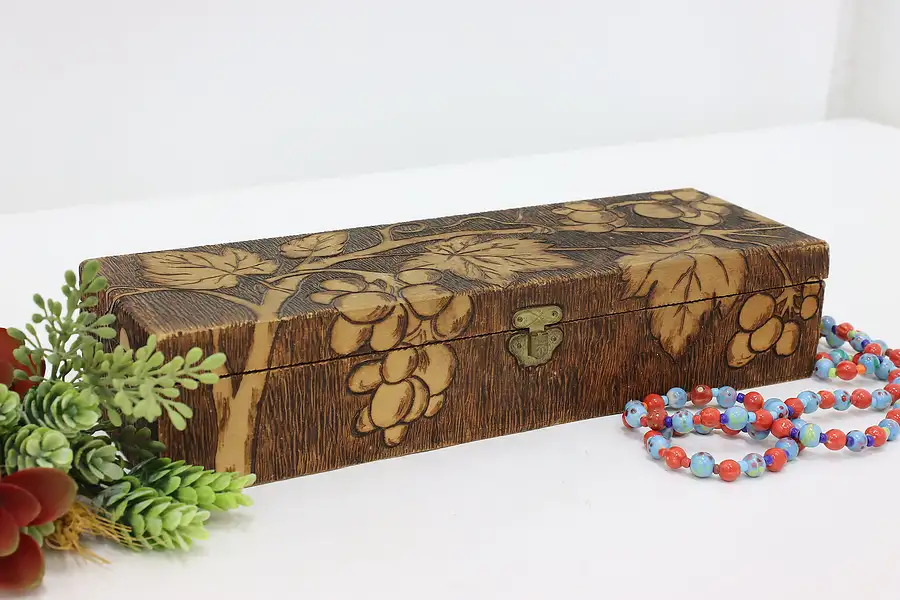 Main image of Folk Art Vintage Burnt Wood Pyrography Jewelry Keepsake Box