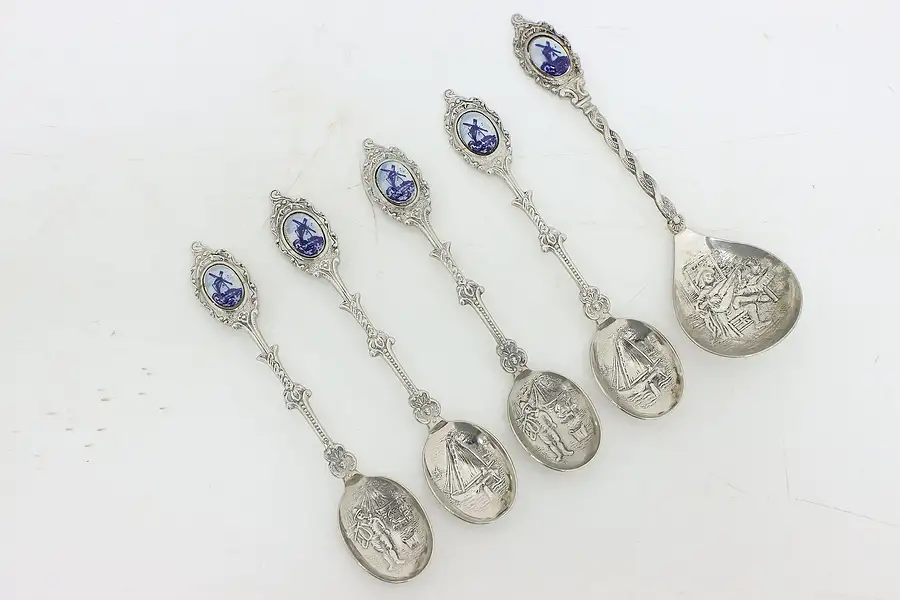 Main image of Set of 5 Dutch Silverplate Coffee Spoons Delft Blue Windmill