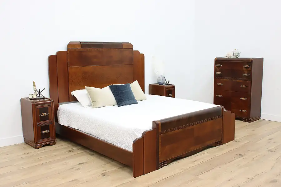 Main image of Art Deco 4 Pc Vintage Waterfall King Size Bedroom Set, Sears