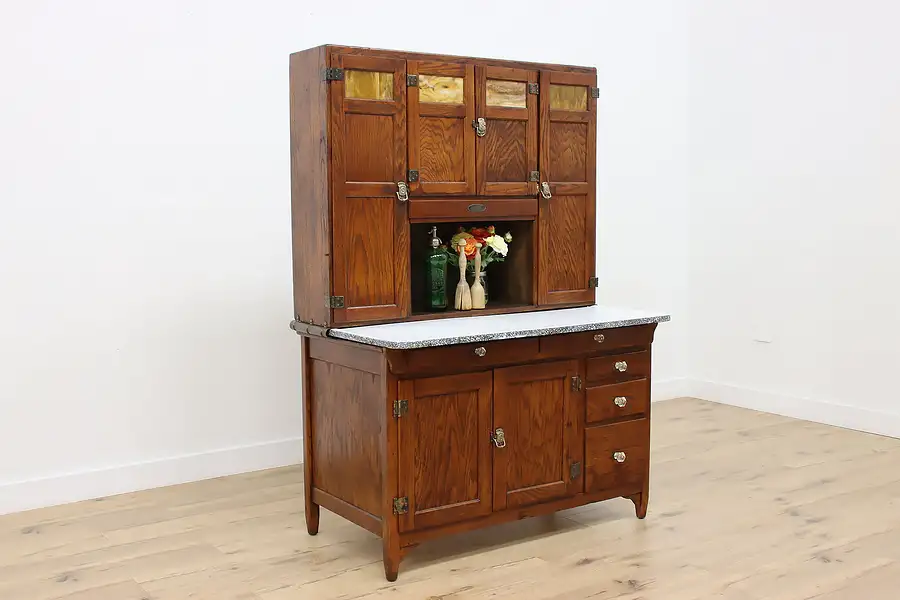 Main image of Farmhouse Antique Oak Kitchen Cupboard Hoosier, Sellers