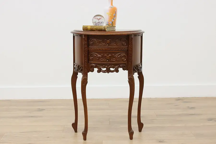 Main image of French Vintage Carved Walnut Demilune Nightstand End Table