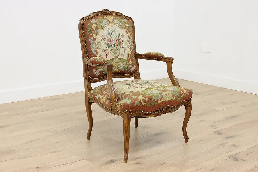 Main image of French Antique Carved Birch & Floral Needlepoint Arm Chair