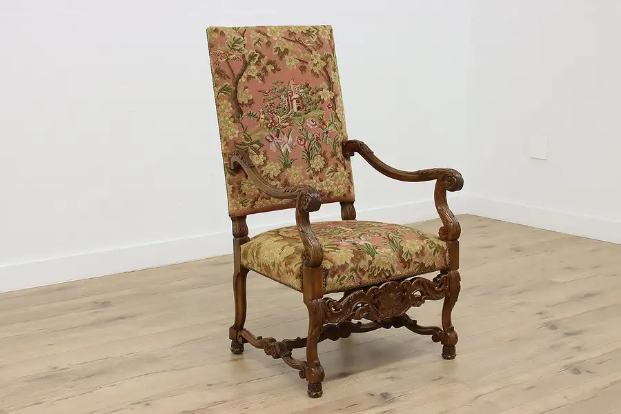 Main image of Renaissance Antique Carved Walnut & Needlepoint Hall Chair