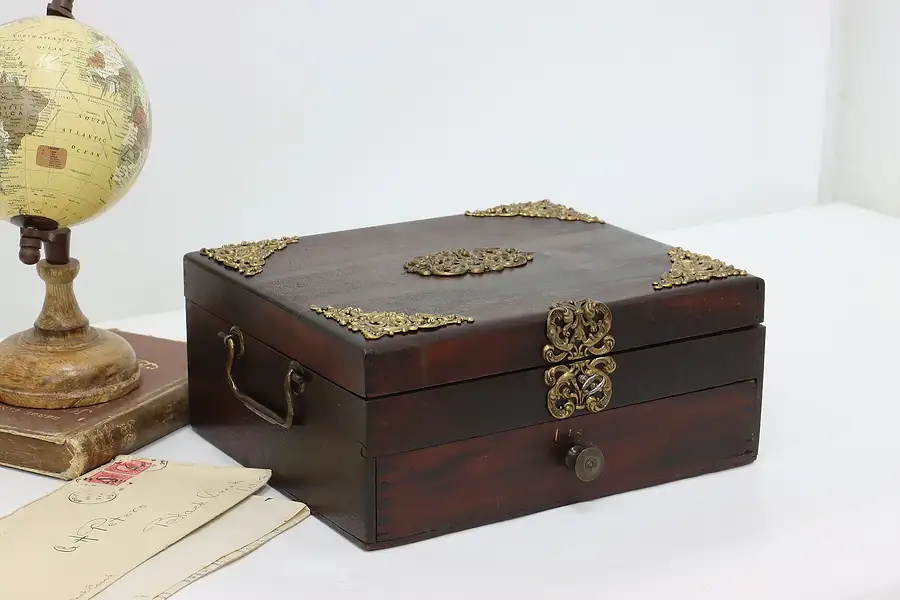 Main image of Victorian Antique Birch & Brass Jewelry or Keepsake Box