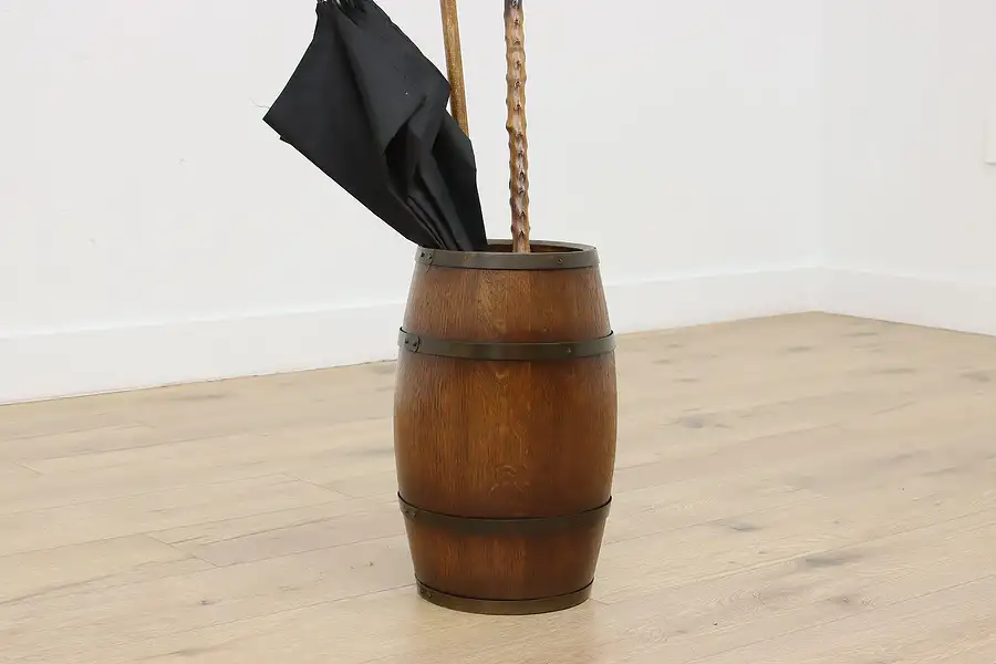 Main image of Farmhouse Antique Oak & Brass Barrel Umbrella Cane Holder