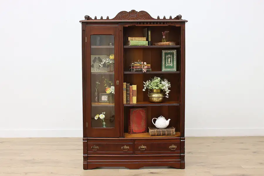 Main image of Victorian Eastlake Antique Carved Walnut Bookcase & Display