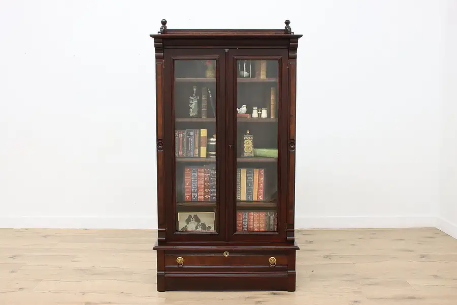 Main image of Victorian Antique Carved Walnut Bookcase or Bath Cabinet