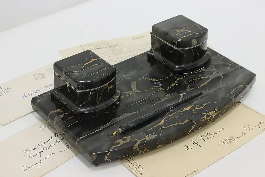 Main image of Art Deco Italian Antique Nero Portoro Marble Desktop Inkwell