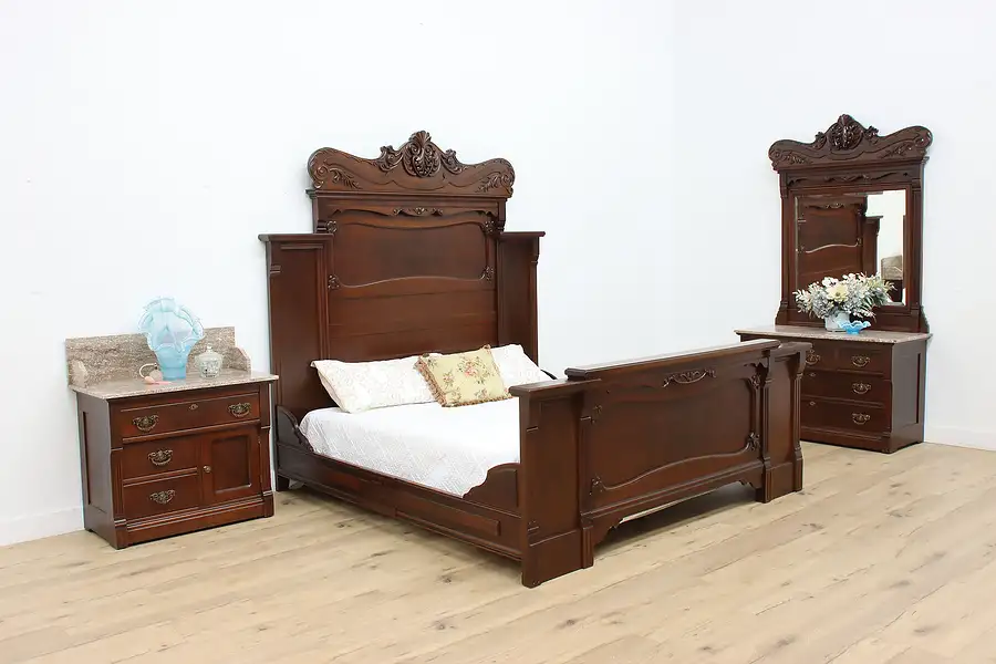 Main image of Victorian Antique 3 Pc Bedroom Set King Size Bed Marble Tops