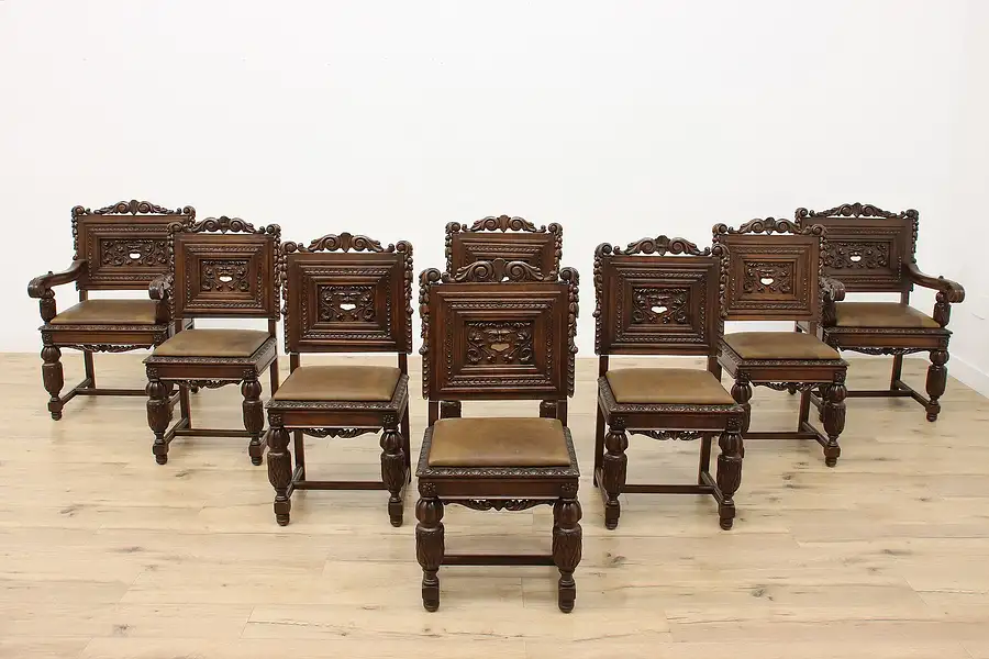 Main image of Set of 8 Antique Mouth of Truth Oak & Leather Dining Chairs