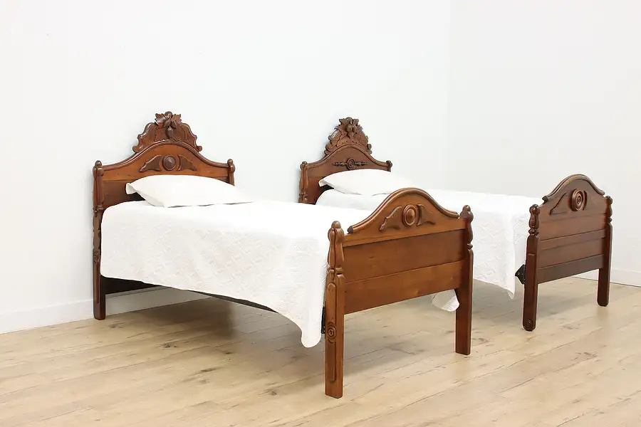 Main image of Pair of Victorian Antique Carved Walnut Twin Single Beds