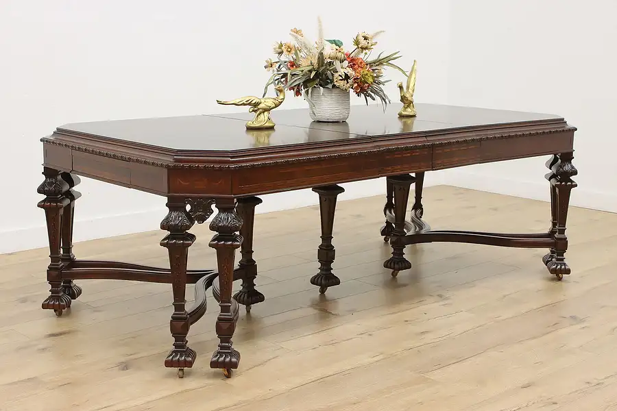 Main image of Tudor Antique Carved Rosewood & Walnut Dining Table 2 Leaves