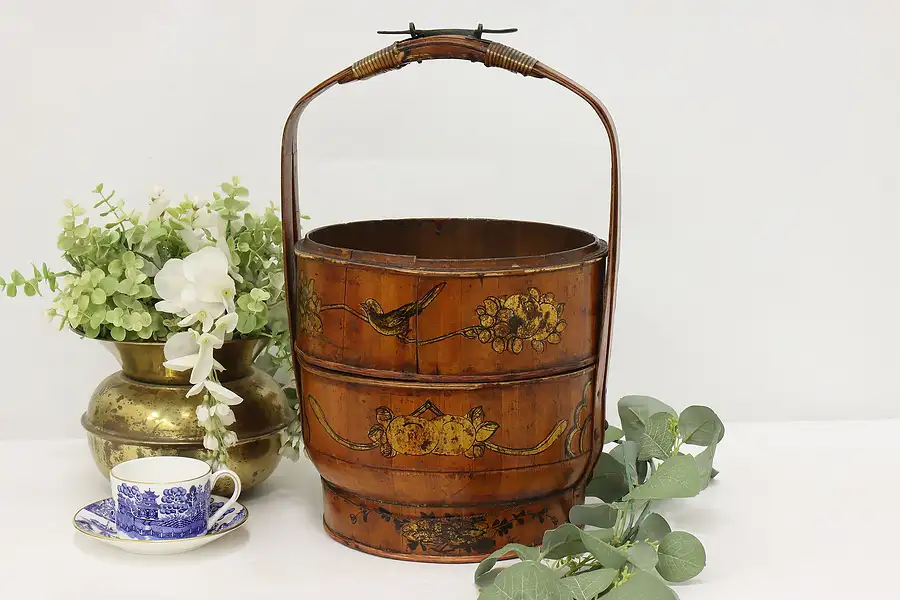 Main image of Chinese Vintage Pine Lunch Bucket or Pail, Painted Birds