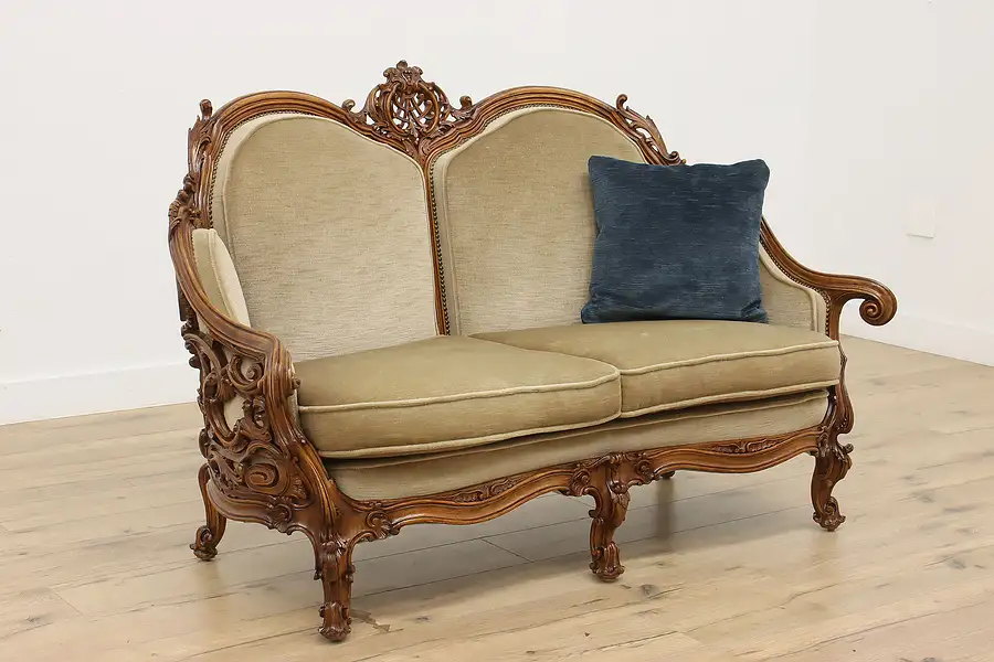 Main image of Swedish Antique Hand Carved Walnut & Mohair Loveseat or Sofa