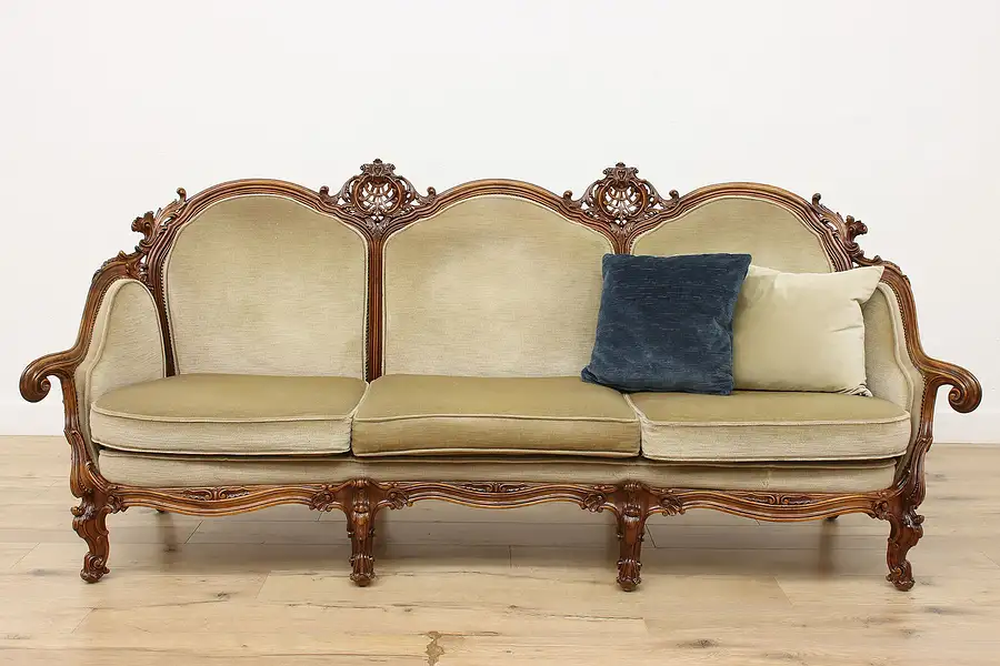 Main image of Swedish Antique Hand Carved Walnut & Mohair Sofa