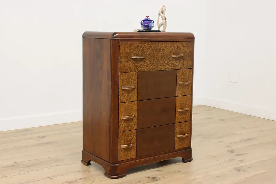 Main image of Art Deco Vintage Faux Walnut Tall Boy Dresser or Chest