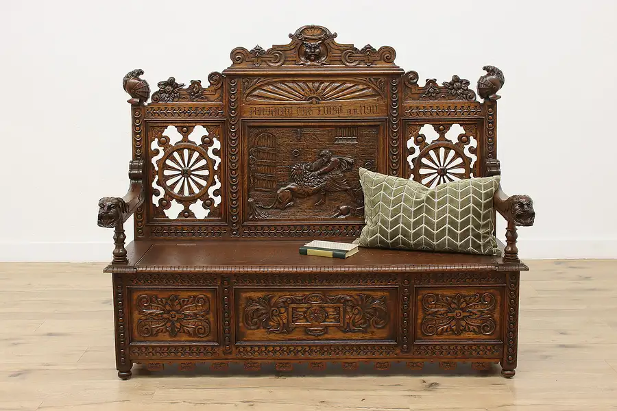 Main image of Renaissance Antique Oak Hall Bench, King Richard Lion Heart