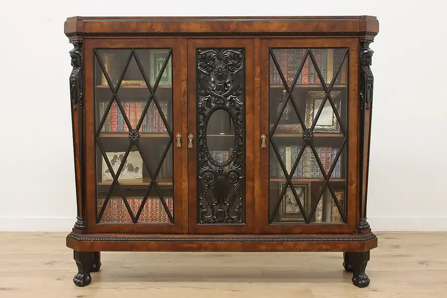 Main image of Hungarian Antique Ebony & Burl Office Bookcase, Carved Busts