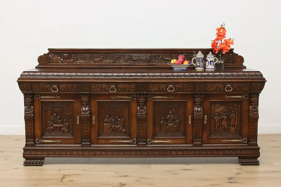 Main image of Renaissance Antique Oak Sideboard Buffet Bar, Tavern Scenes