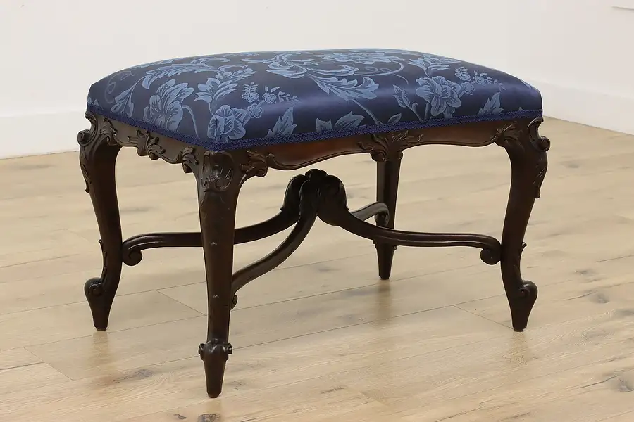 Main image of French Antique Carved Walnut Boudoir Hall Bench, New Fabric