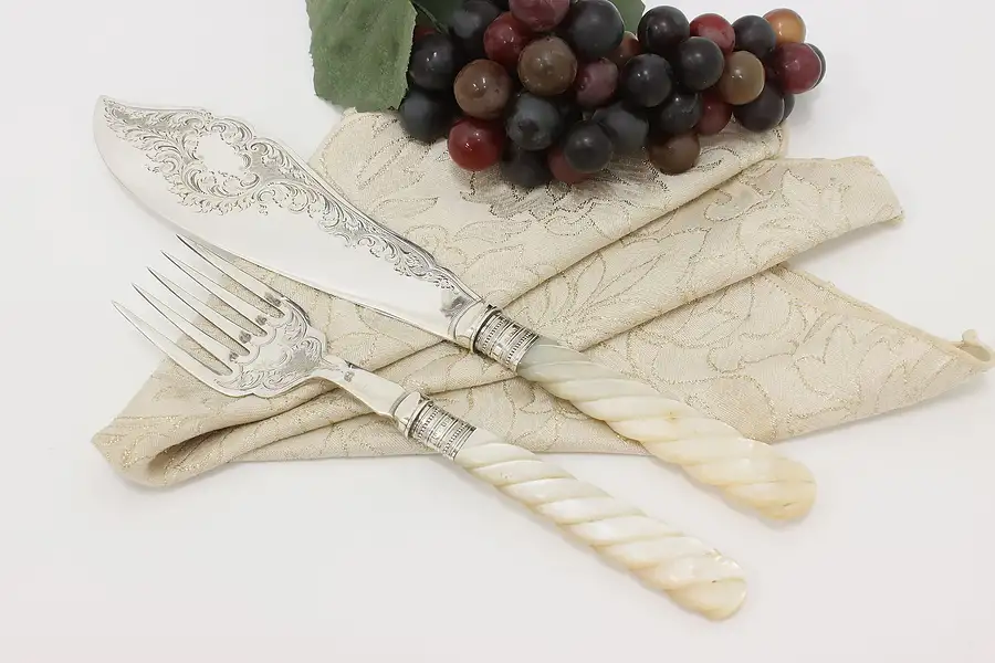 Main image of Mother of Pearl & Engraved Silver Antique Fish Carving Set