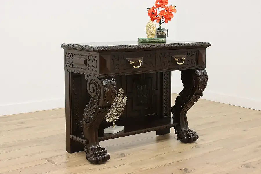 Main image of Renaissance Italian Antique Oak Hall Console Carved Paw Feet