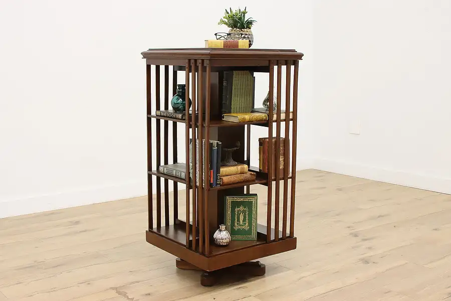 Main image of Spinning Antique Walnut Revolving Chairside Bookcase