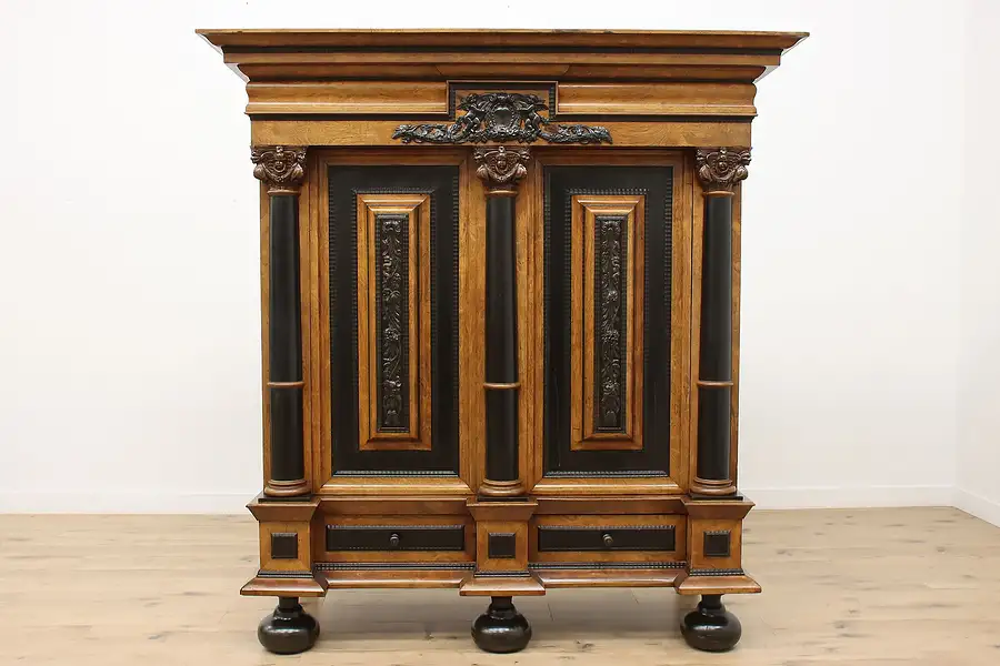 Main image of Dutch Kas Antique Carved Elm Dowry Armoire Wardrobe Cabinet