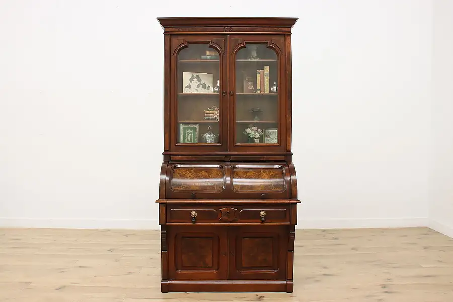 Main image of Victorian Antique Walnut Roll Top Secretary Desk & Bookcase