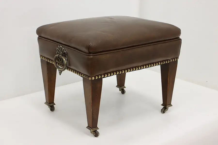 Main image of Traditional Vintage Birch Leather Footstool Brass Nailheads