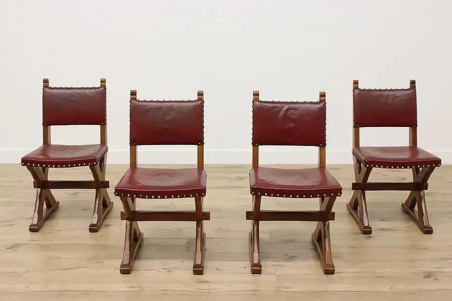 Main image of Set of 4 Vintage Tudor Design Oak & Leather Dining Chairs