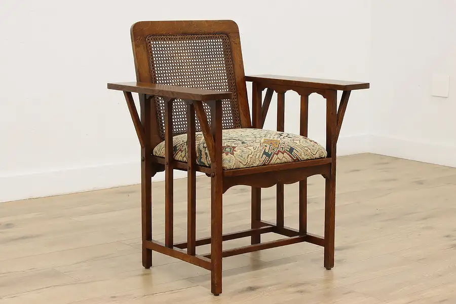 Main image of Arts & Crafts Mission Oak Antique Caned Armchair, New Fabric