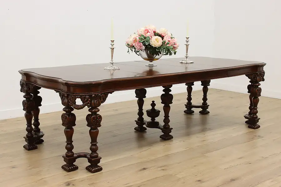 Main image of Tudor Antique Carved Mahogany Dining Table Opens 9'