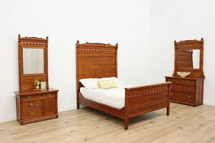 Main image of Victorian Antique Carved Birch 3 Pc Full Size Bedroom Set