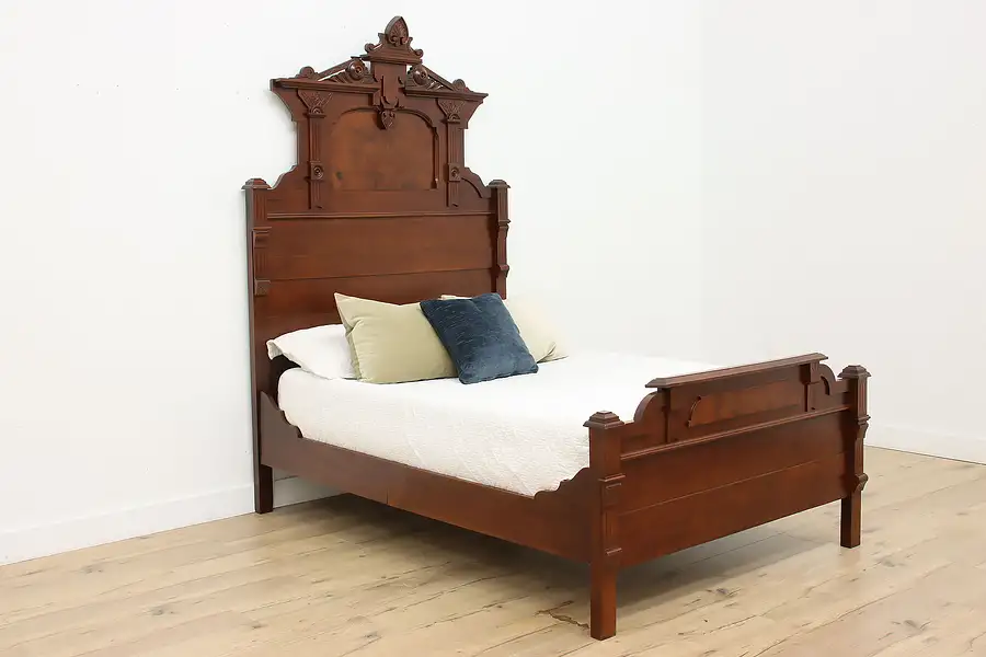 Main image of Victorian Antique Carved Walnut & Burl Full Double Size Bed