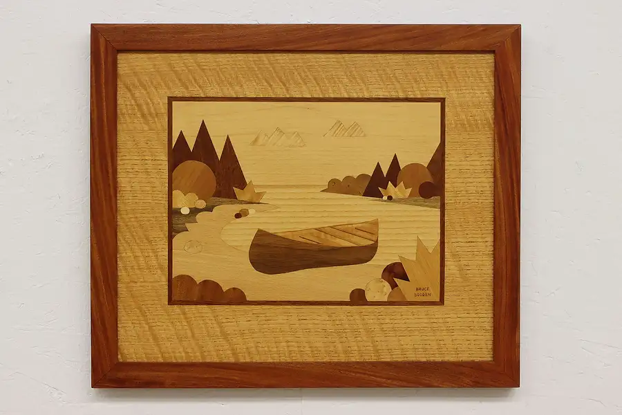 Main image of Canoe in Lagoon Original Marquetry Wall Plaque Bodden 23.5"