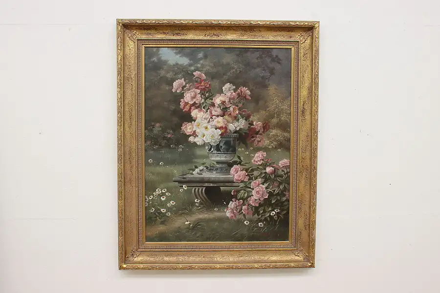 Main image of Garden Roses Vintage Original Oil Painting, Signed 61"