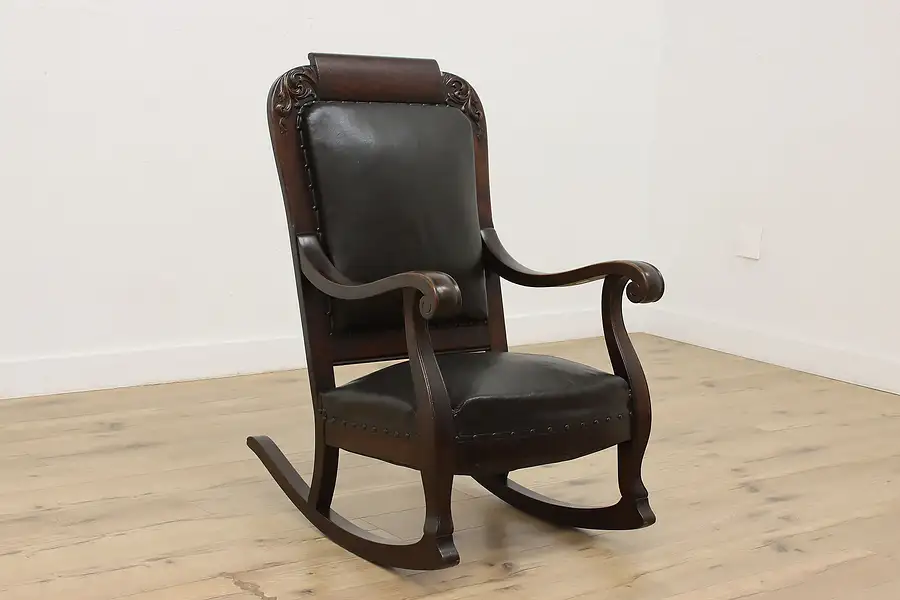 Main image of Victorian Antique Carved Oak & Leather Rocking Armchair