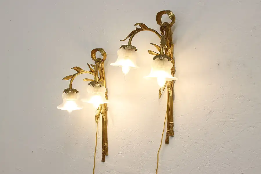 Main image of Pair of Vintage Brass Wall Sconce Lights, Flowers & Ribbons