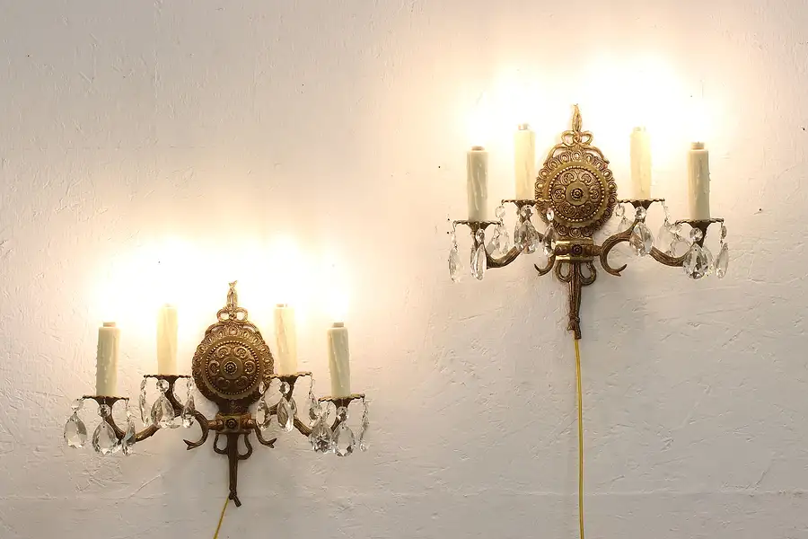 Main image of Pair Traditional Antique Embossed Brass Wall Sconces, Prisms