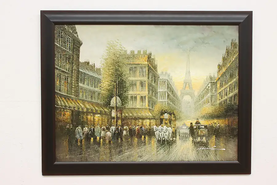 Main image of Paris Boulevard Vintage Original Oil Painting Signed 55"