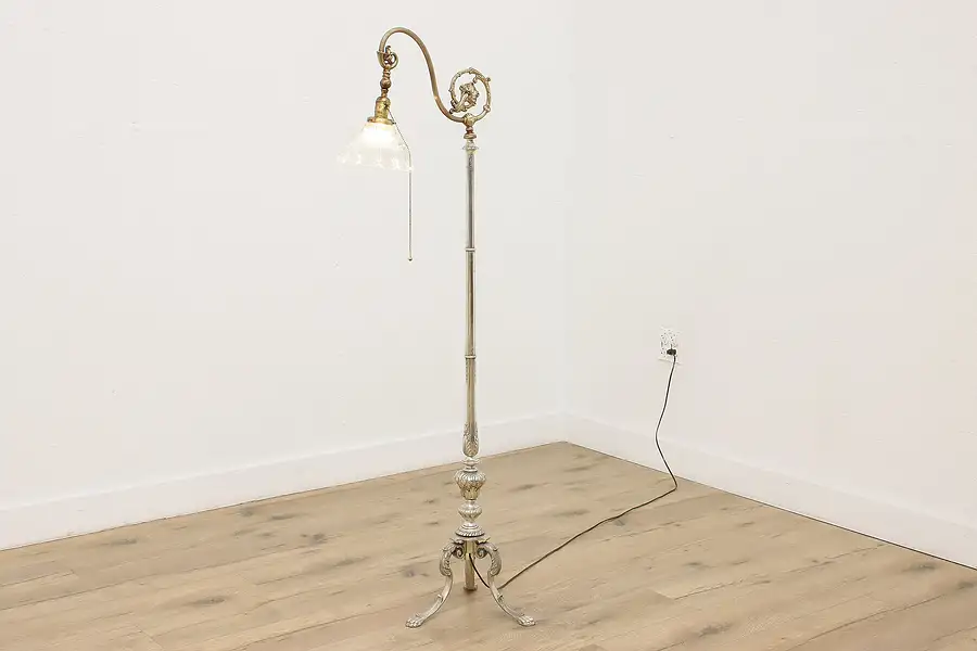 Main image of Victorian Antique Brass Chairside Bridge Floor Reading Lamp