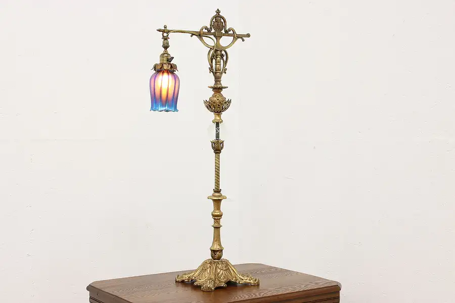 Main image of Victorian Antique Tall Desktop Bronzed Lamp, Art Glass Shade