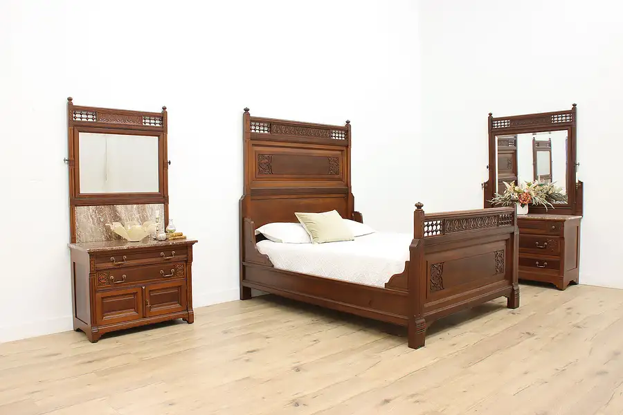 Main image of Victorian Antique 3 Pc Mahogany Marble Queen Bed Set, Signed