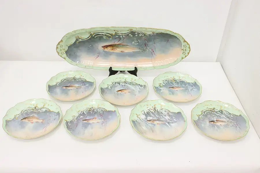 Main image of French Limoges Antique Hand Painted 7 Piece Fish Serving Set